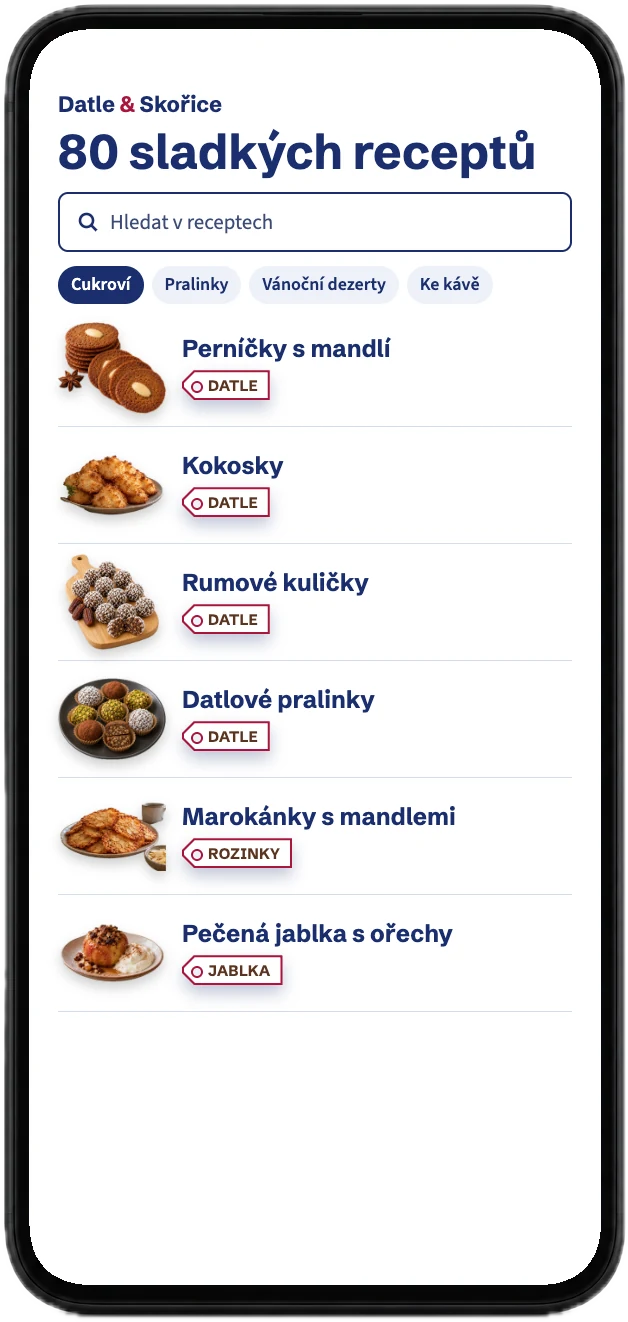 Aplikace s recepty rozdělenými na cukroví, pralinky, vánoční dezerty a ke kávě